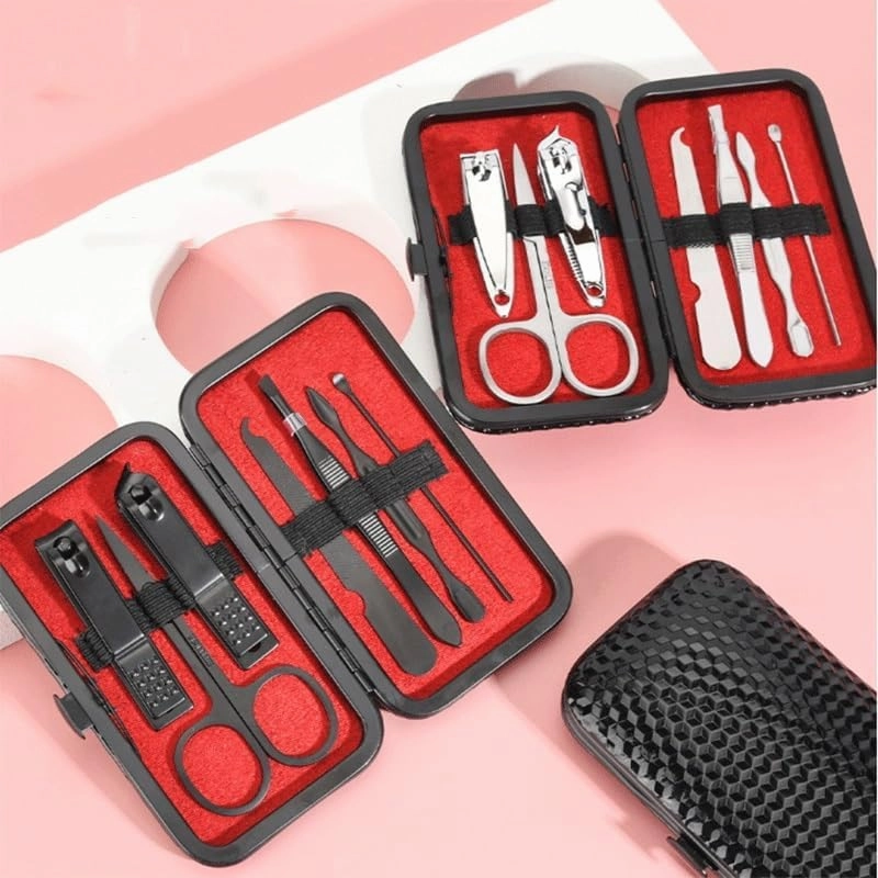 Black Checkered PU Leather Bag Nail Clipper Seven Piece Set(Style 2)