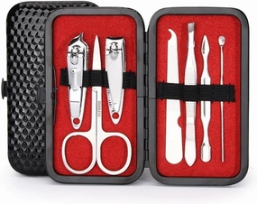 Black Checkered PU Leather Bag Nail Clipper Seven Piece Set(Style 2)