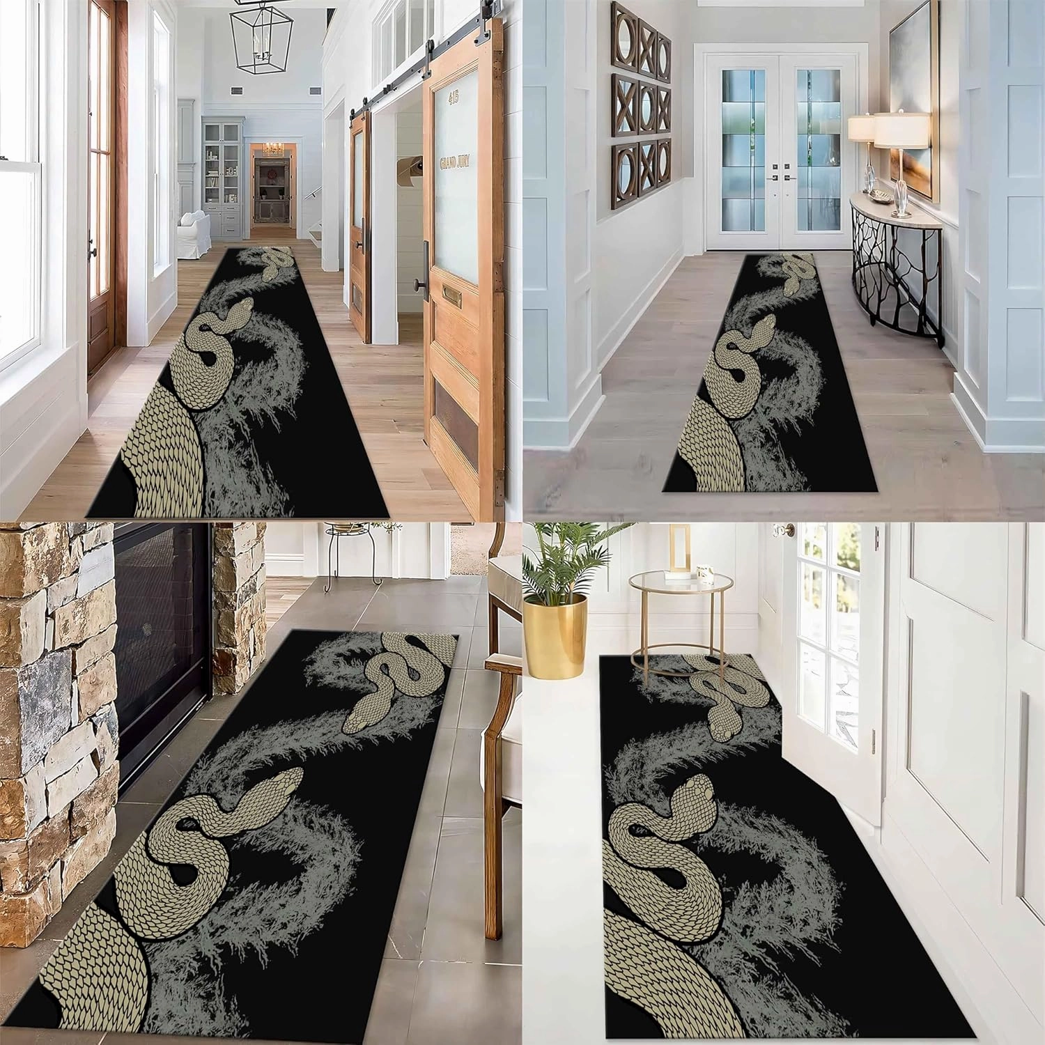 Black White Snake Rug, 1.3x7ft, Brutal Forest Wildlife Serpent Coiled Floral Sword Design Carpets, Classic Retro Traditional Purple Home Decoration Mat for Girls Bedroom Bath Bedside Kitchen