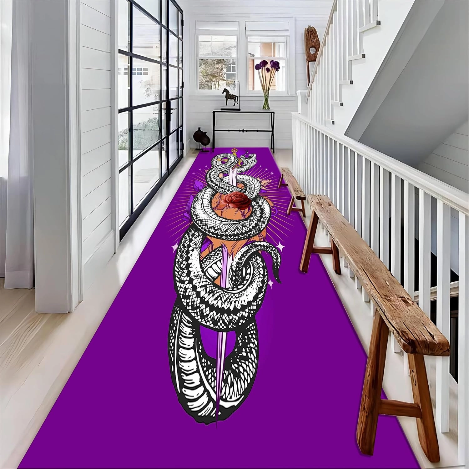 Black White Snake Rug, 1.3x7ft, Brutal Forest Wildlife Serpent Coiled Floral Sword Design Carpets, Classic Retro Traditional Purple Home Decoration Mat for Girls Bedroom Bath Bedside Kitchen