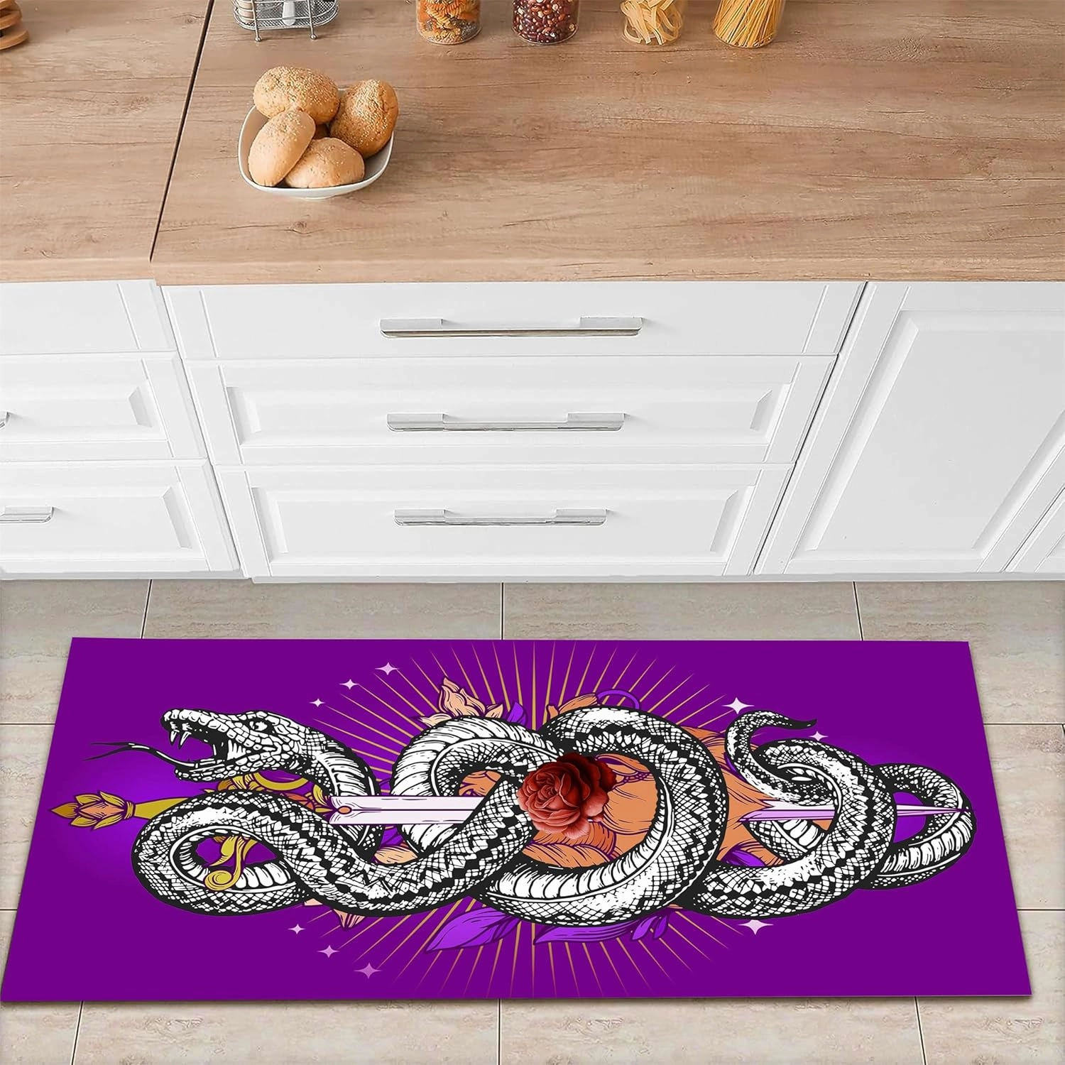 Black White Snake Rug, 1.3x7ft, Brutal Forest Wildlife Serpent Coiled Floral Sword Design Carpets, Classic Retro Traditional Purple Home Decoration Mat for Girls Bedroom Bath Bedside Kitchen