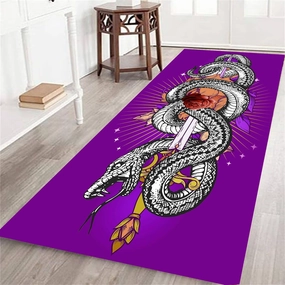 Black White Snake Rug, 1.3x7ft, Brutal Forest Wildlife Serpent Coiled Floral Sword Design Carpets, Classic Retro Traditional Purple Home Decoration Mat for Girls Bedroom Bath Bedside Kitchen