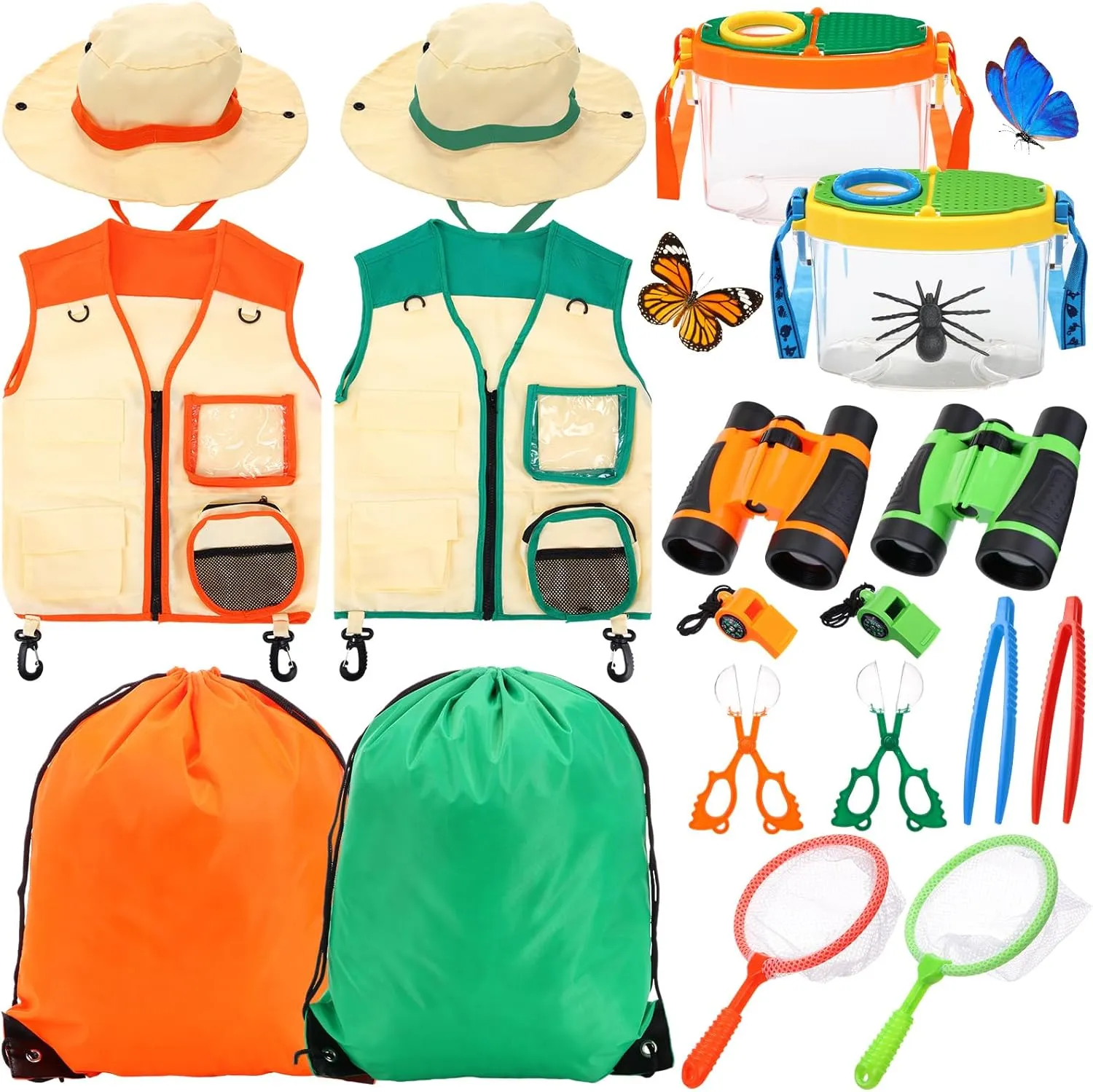 Blosssound 2 Sets Catching Kit Costume Camping Gear for Outdoor Exploration Set with Safari Vest Safari Hat, Binoculars, Outdoor Camping Adventure Set