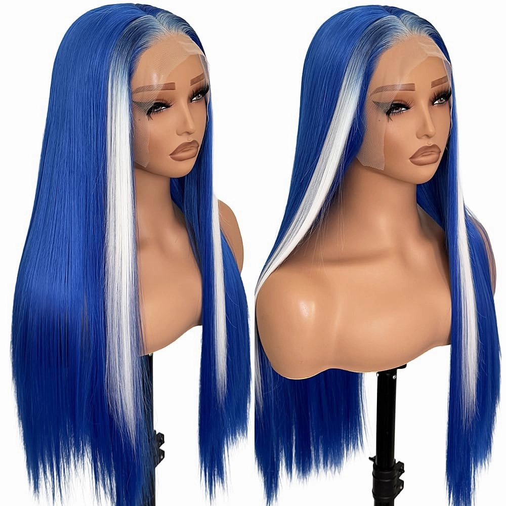 Blue Lace Front Synthetic Wig, Blue White Highlight Pre-Plucked Glueless Wig, HD Lace Front Long Straight Wig, Ready to Wear Synthetic Hair for Women