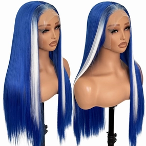 Blue Lace Front Synthetic Wig, Blue White Highlight Pre-Plucked Glueless Wig, HD Lace Front Long Straight Wig, Ready to Wear Synthetic Hair for Women