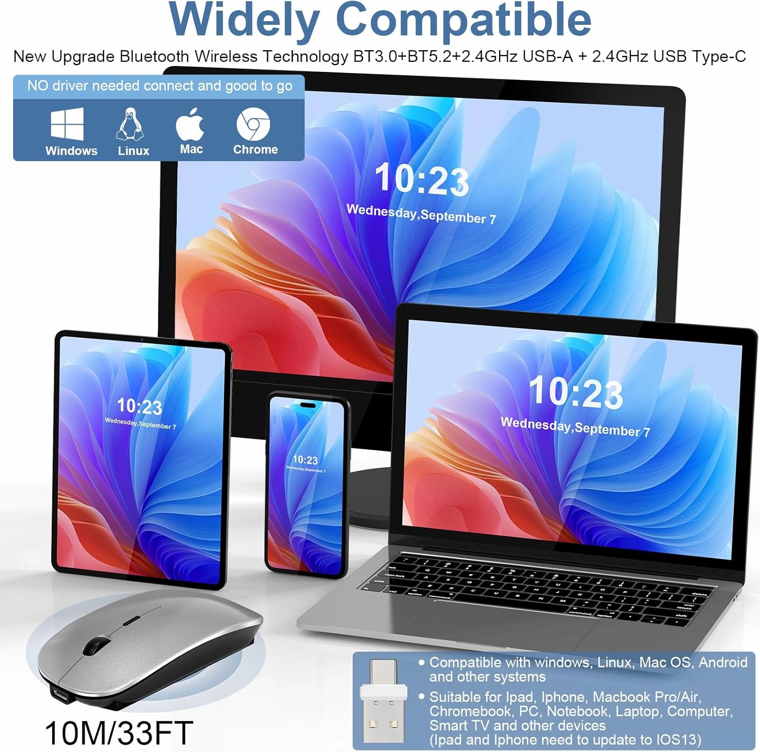 Bluetooth Wireless Mouse for MacBook Air Mac Pro Laptop PC Pad Optical Rechargeable Silent Mouse with Jiggler Mode Dual Mode Switch Bluetooth 5.2/3.0 and 2.4G USB-A & USB-C Receiver Silvery