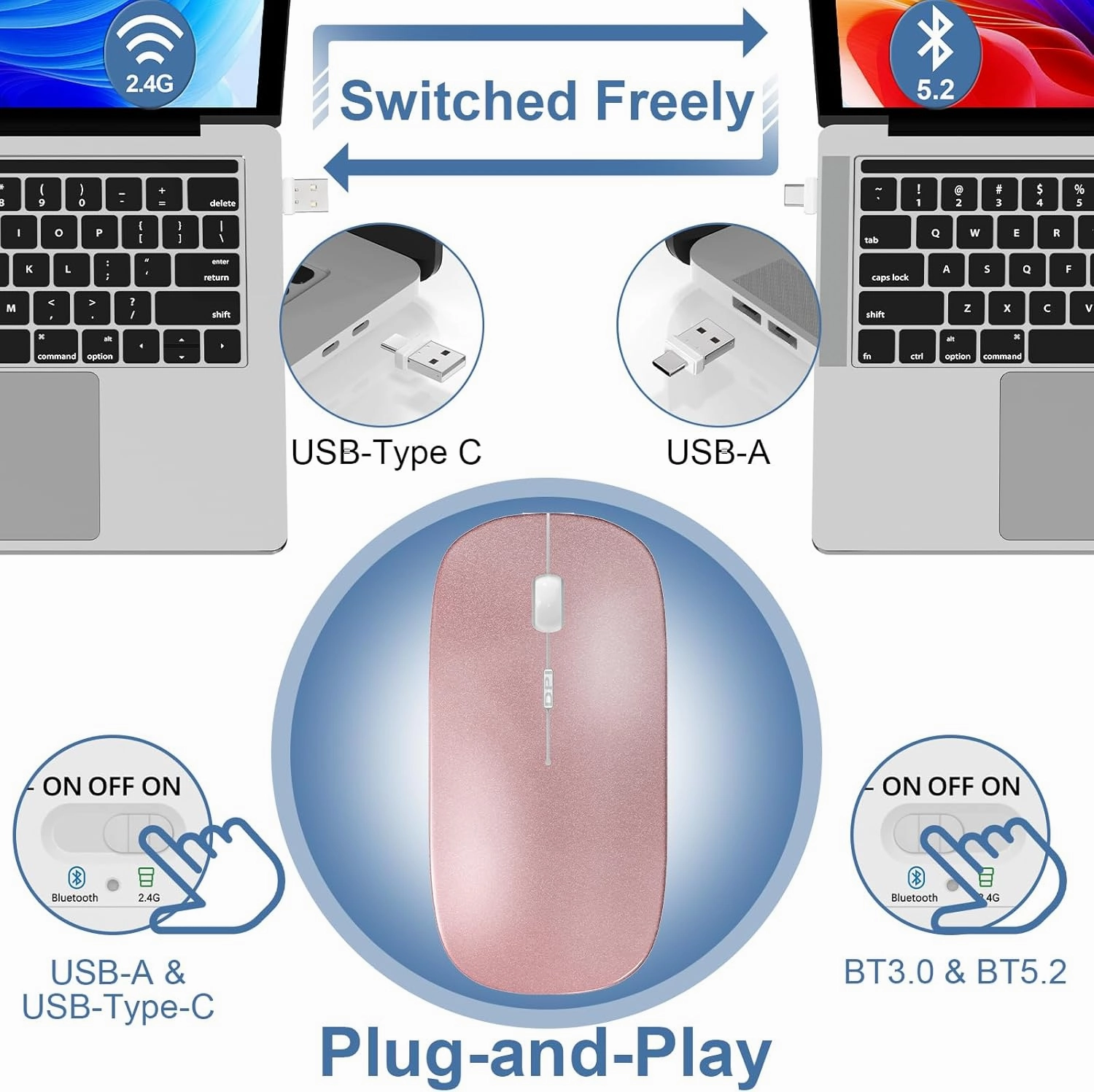 Bluetooth Wireless Mouse for MacBook Air Mac Pro Laptop PC Pad Optical Rechargeable Silent Mouse with Jiggler Mode Dual Mode Switch Bluetooth 5.2/3.0 and 2.4G USB-A & USB-C Receiver Silvery