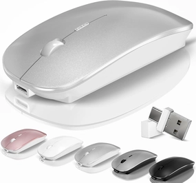 Bluetooth Wireless Mouse for MacBook Air Mac Pro Laptop PC Pad Optical Rechargeable Silent Mouse with Jiggler Mode Dual Mode Switch Bluetooth 5.2/3.0 and 2.4G USB-A & USB-C Receiver Silvery