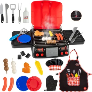 Born Toys Kids Grill Playset - Interactive Kids BBQ Grill Playset w/ Pretend Smoke, Sound & Light- Dress Up & Pretend Play Kitchen Toy Grill for Kids Ages 3 & Up w/ Kids Apron Hat & Cooking Mitt 20pcs
