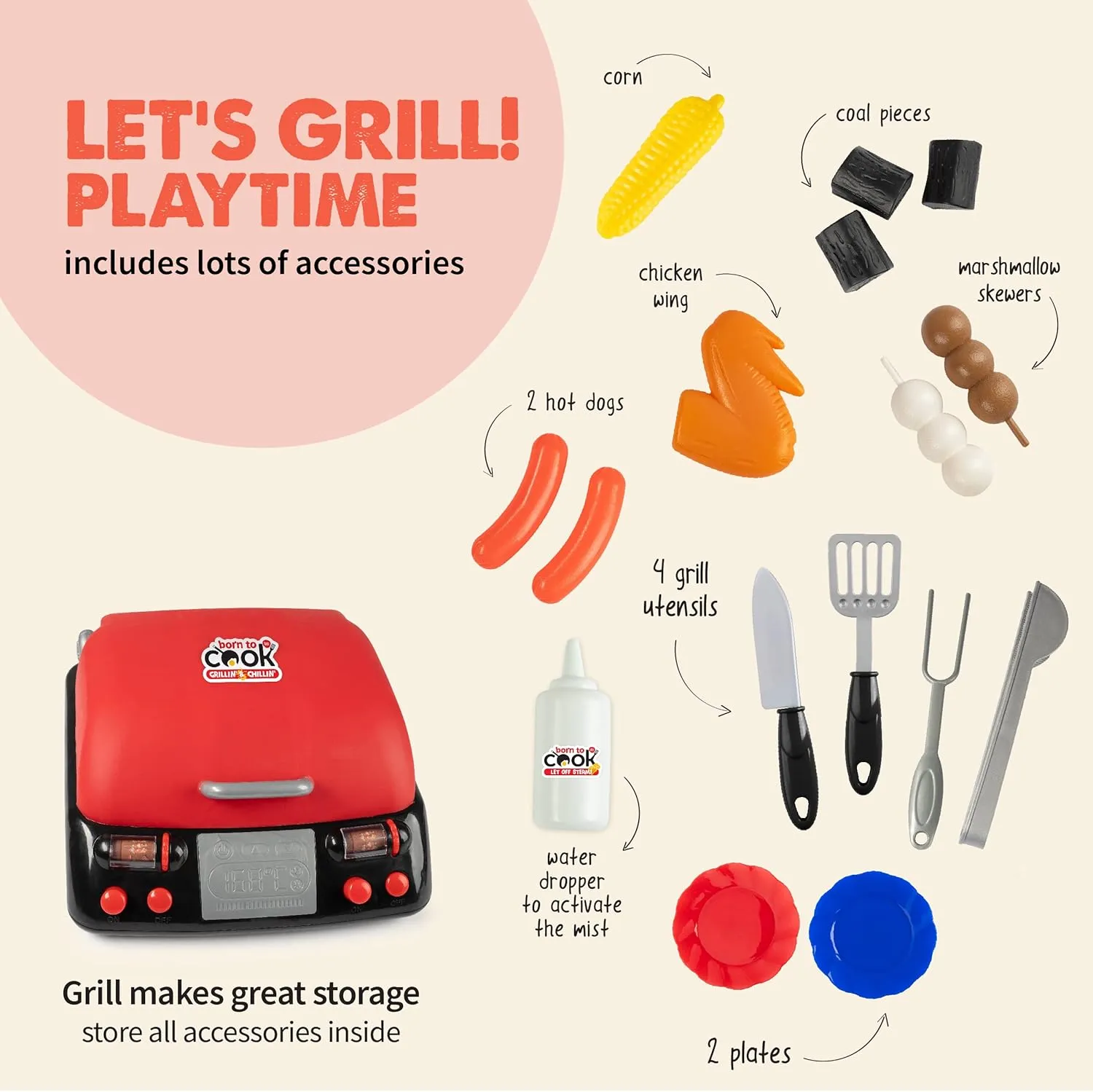 Born Toys Kids Grill Playset - Interactive Kids BBQ Grill Playset w/ Pretend Smoke, Sound & Light- Dress Up & Pretend Play Kitchen Toy Grill for Kids Ages 3 & Up w/ Kids Apron Hat & Cooking Mitt 20pcs