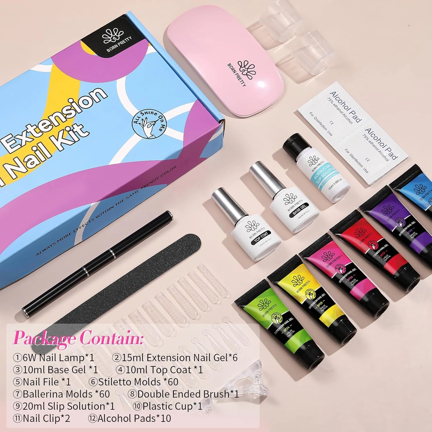 BORN PRETTY Neon Extension Nail Gel Kit-6 Colors Gel Kit Neon Pink Blue All-In-1 with Nail Lamp Base Top Coat Set Nail Forms French Manicure Set