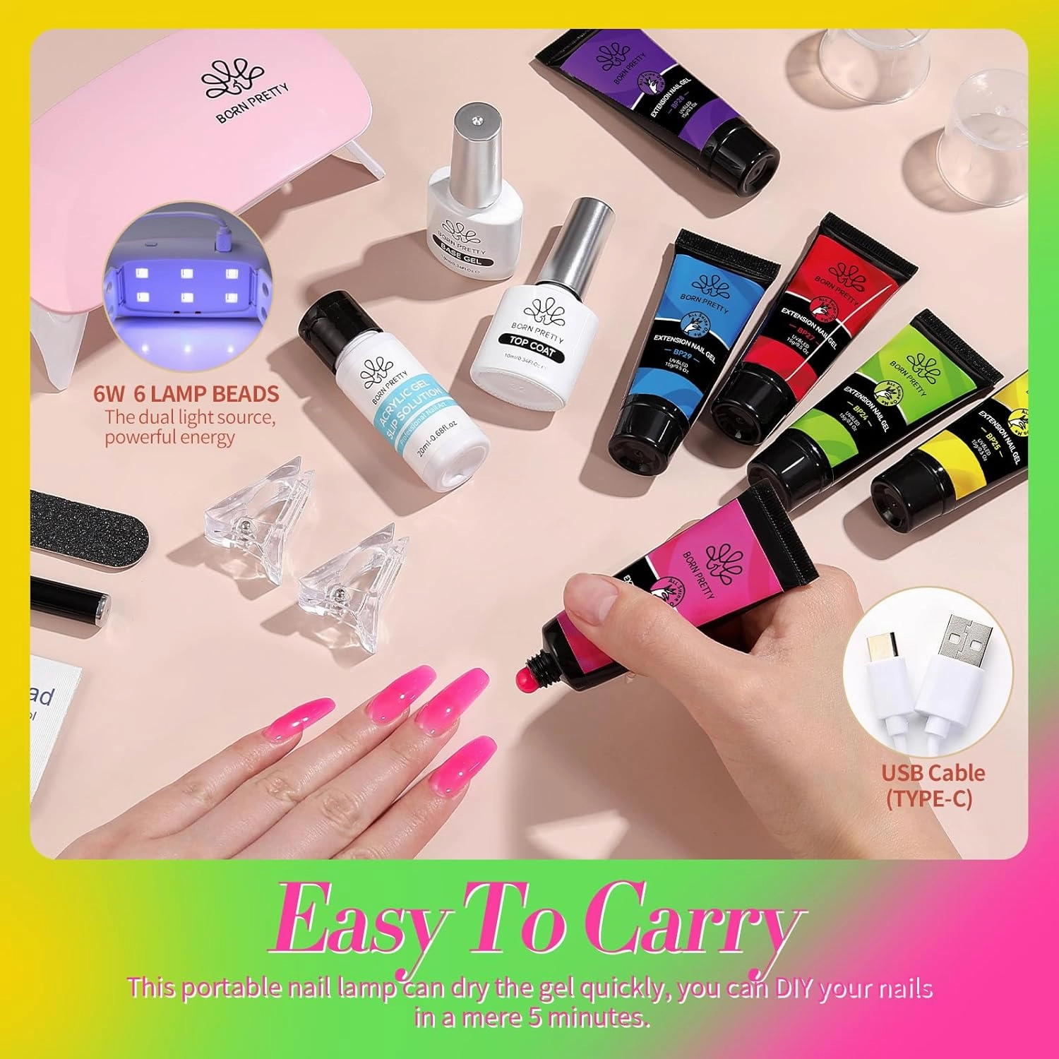 BORN PRETTY Neon Extension Nail Gel Kit-6 Colors Gel Kit Neon Pink Blue All-In-1 with Nail Lamp Base Top Coat Set Nail Forms French Manicure Set
