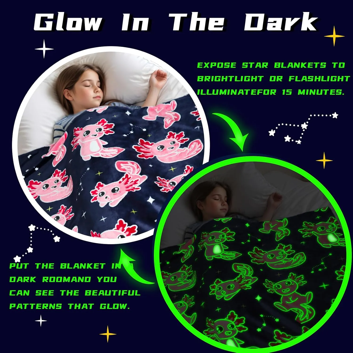 BORORO Glow in The Dark Axolotl Blanket - Soft, Cozy, Cute 50x60 inch Salamander Blanket Gifts for Kids