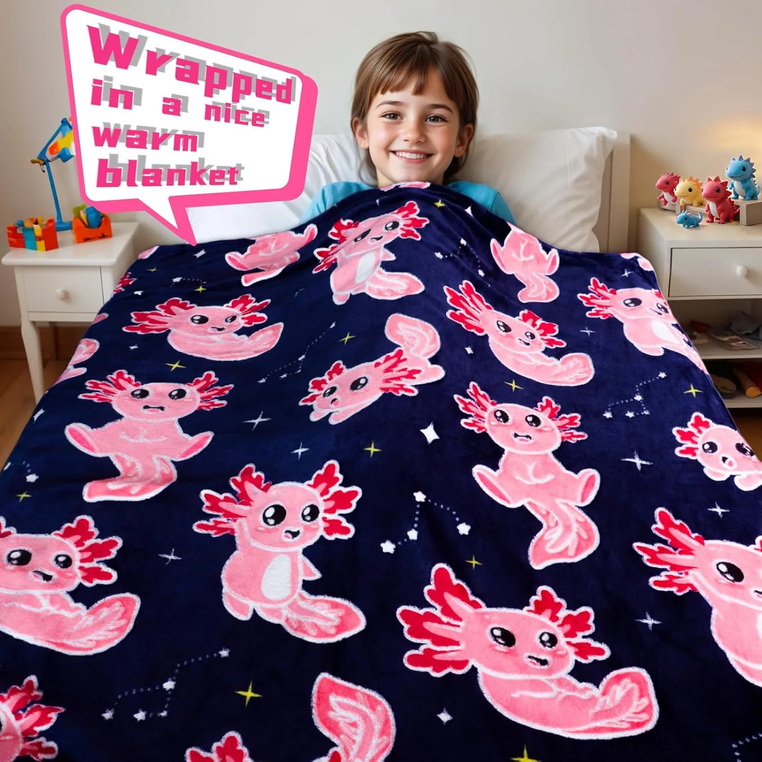 BORORO Glow in The Dark Axolotl Blanket - Soft, Cozy, Cute 50x60 inch Salamander Blanket Gifts for Kids