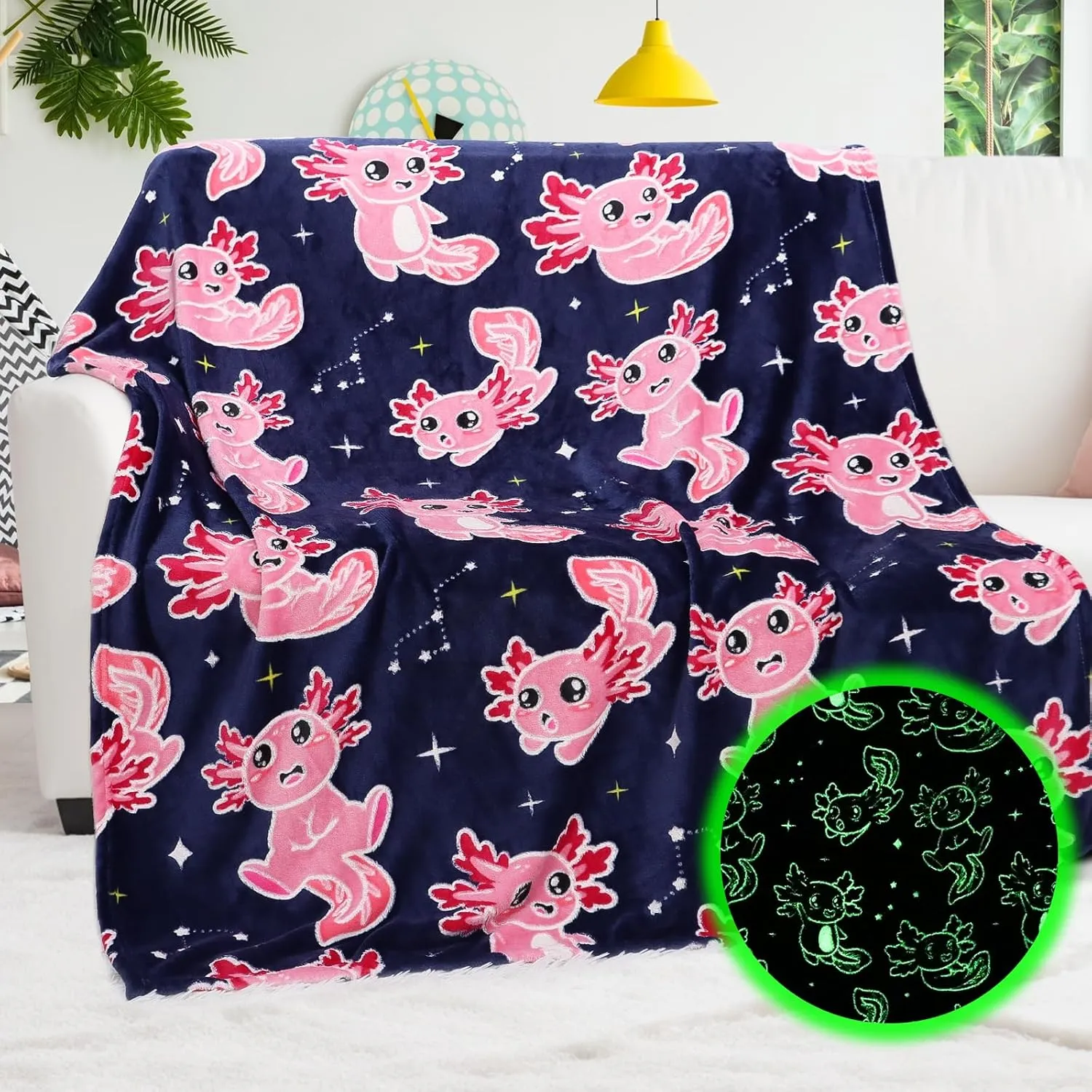BORORO Glow in The Dark Axolotl Blanket - Soft, Cozy, Cute 50x60 inch Salamander Blanket Gifts for Kids