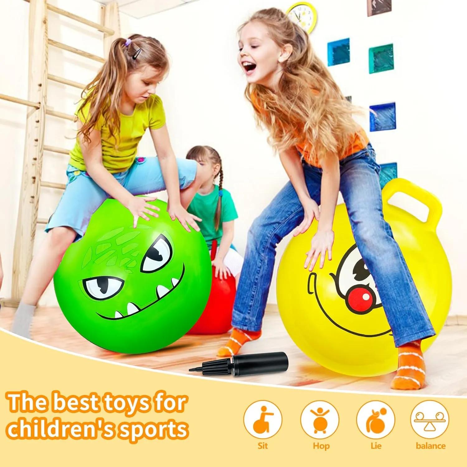 Bounce Balls with Handles for Kids, 3 Pack Hopper Ball for Kids 3-6, Hippity Hop Balls 18 Inch with Air Pump, Jumping Bouncing Ball Ride On Toys for Sports Games Balance Exercise Indoor Outdoor Fun
