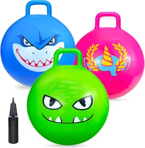 Bounce Balls with Handles for Kids, 3 Pack Hopper Ball for Kids 3-6, Hippity Hop Balls 18 Inch with Air Pump, Jumping Bouncing Ball Ride On Toys for Sports Games Balance Exercise Indoor Outdoor Fun