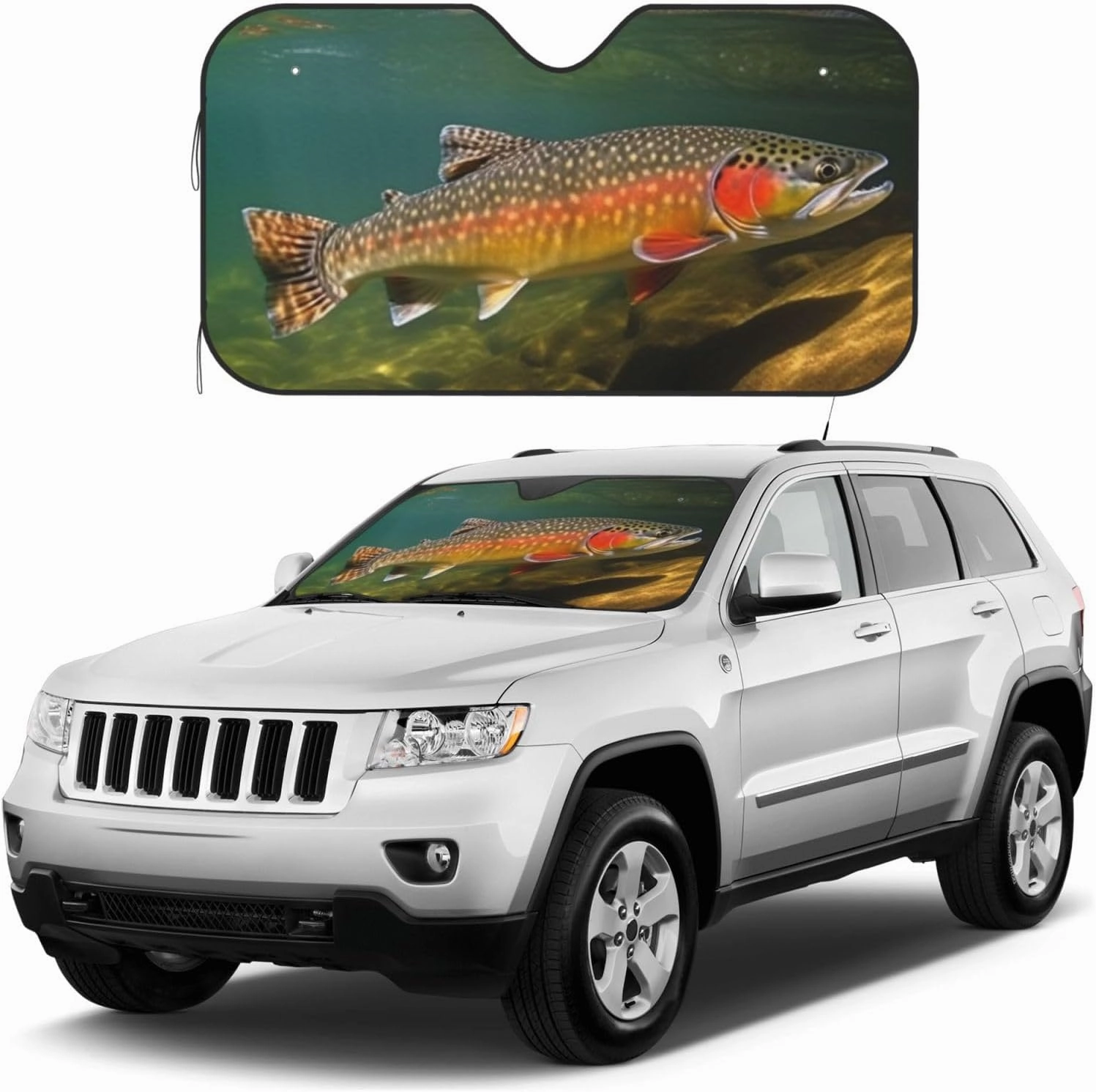 Brook Trout Fly Fishing Car Windshield Sun Shade Cover, Foldable Car Front Window Sunshade for Most Cars, Auto Sun Shield Heat Protector for Front Window Sun Visor Shield Medium
