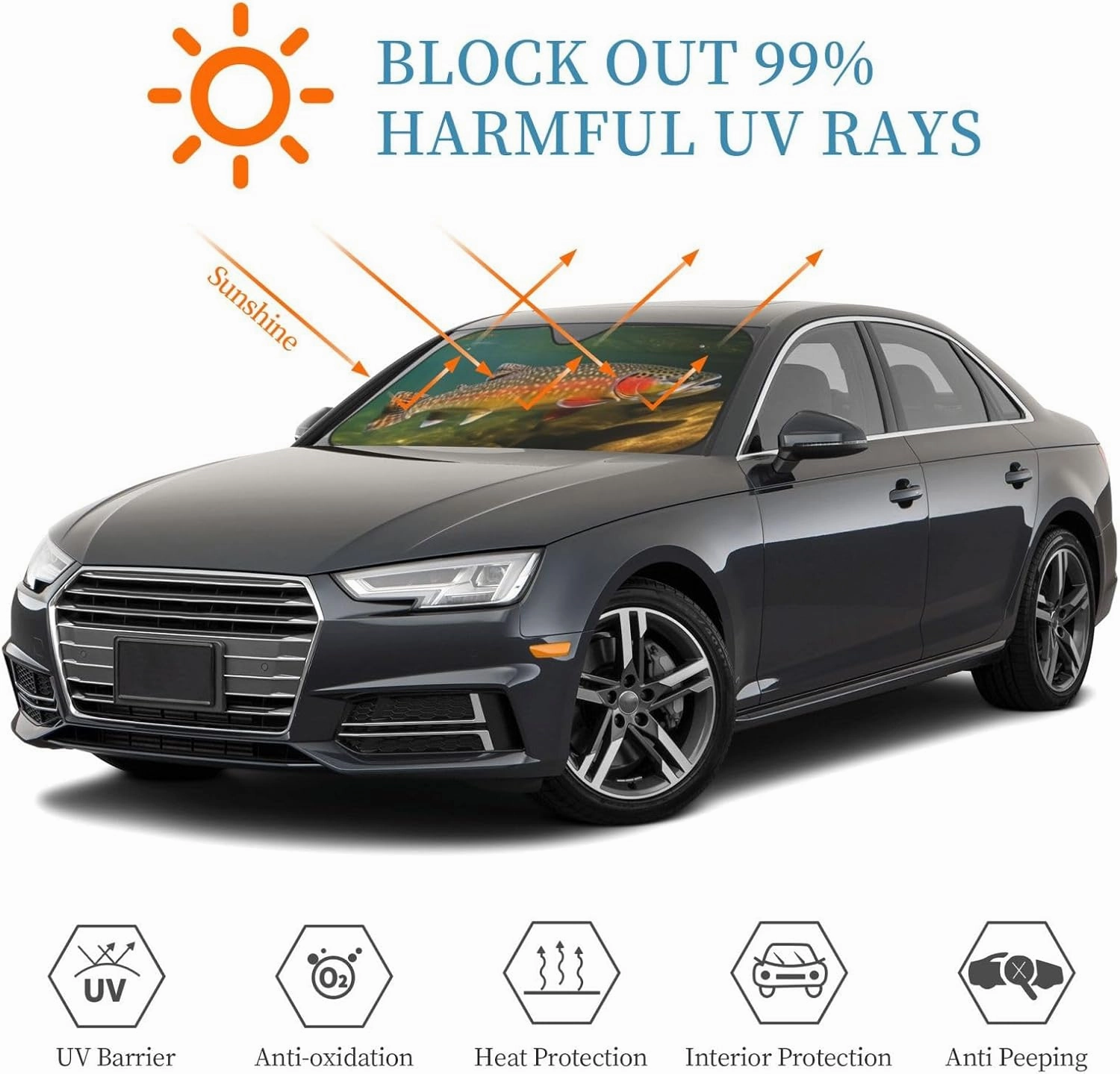 Brook Trout Fly Fishing Car Windshield Sun Shade Cover, Foldable Car Front Window Sunshade for Most Cars, Auto Sun Shield Heat Protector for Front Window Sun Visor Shield Medium