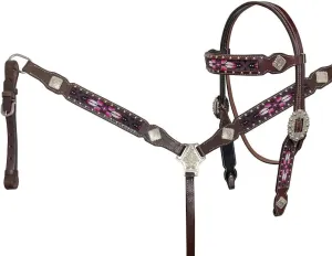 Browband Headstall and Breastcollar Set with Beaded Inlay - Purple Aztec Feather