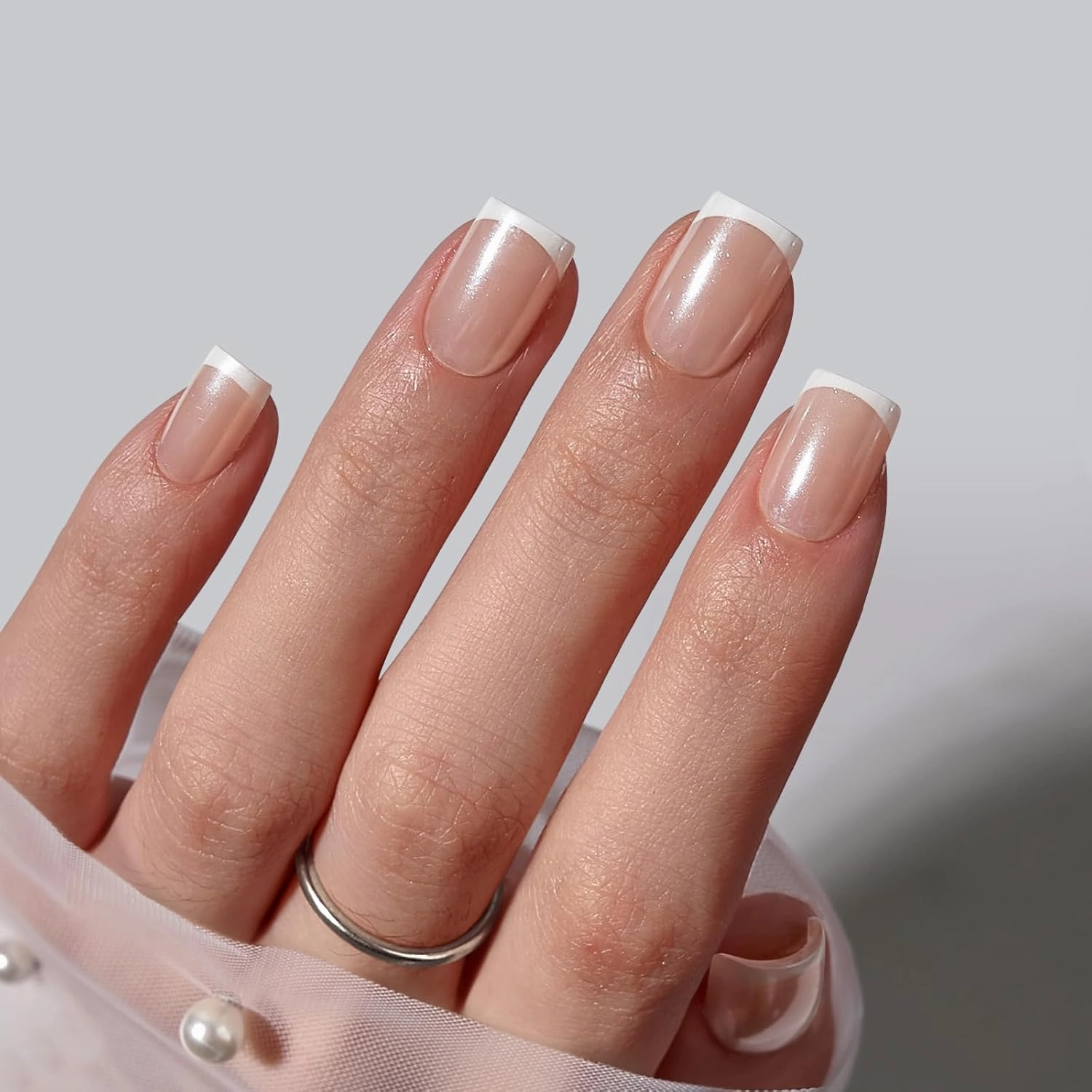 BTArtbox Press On Nails Short - Lamp-Curable Chrome French Tip Square Press On Nails with Glue for Women, Semi-Transparent Soft Gel Glue On Nails in 16 Sizes - 32 Stick On Nails Kit, Evening Attire