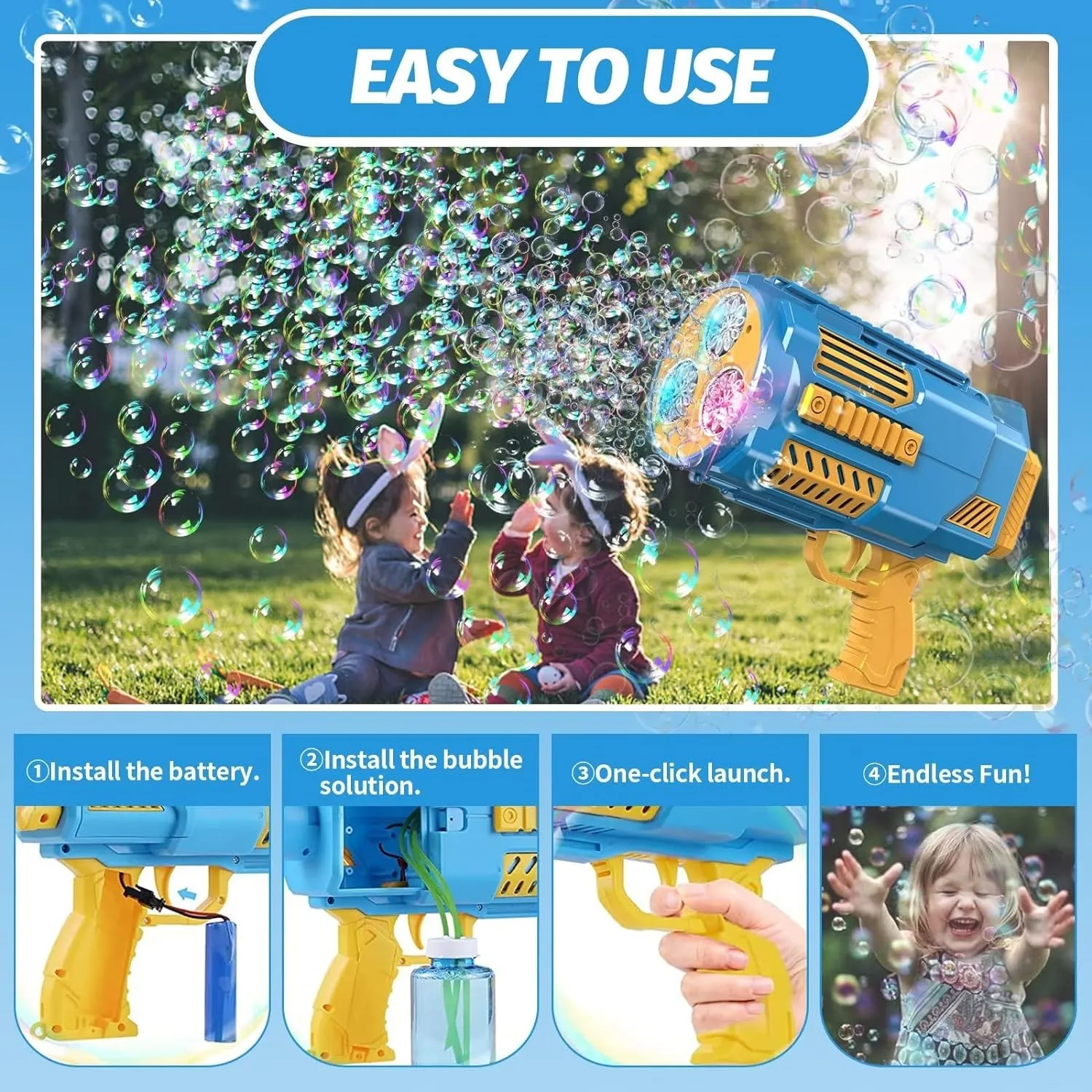 Bubble Machine Automatic Bubble Gun with Bubble Refill Solution, Bubbles Kids Toys for Girls Boys 3 4 5 6 7 8 9 10 11 12 Years Old, Summer Fun Outdoor Toy Birthday Party Favors Gifts