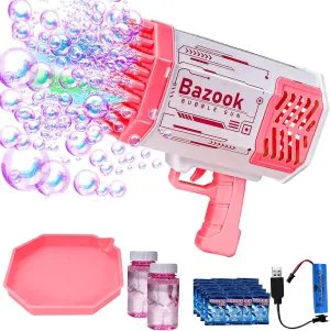 Bubble Machine Maker, Bubbles Kids Toys with Thousands Bubbles and Colorful Lights, Pink Outdoor Toys Wedding Party Fun for Boys Girls, 69 Holes