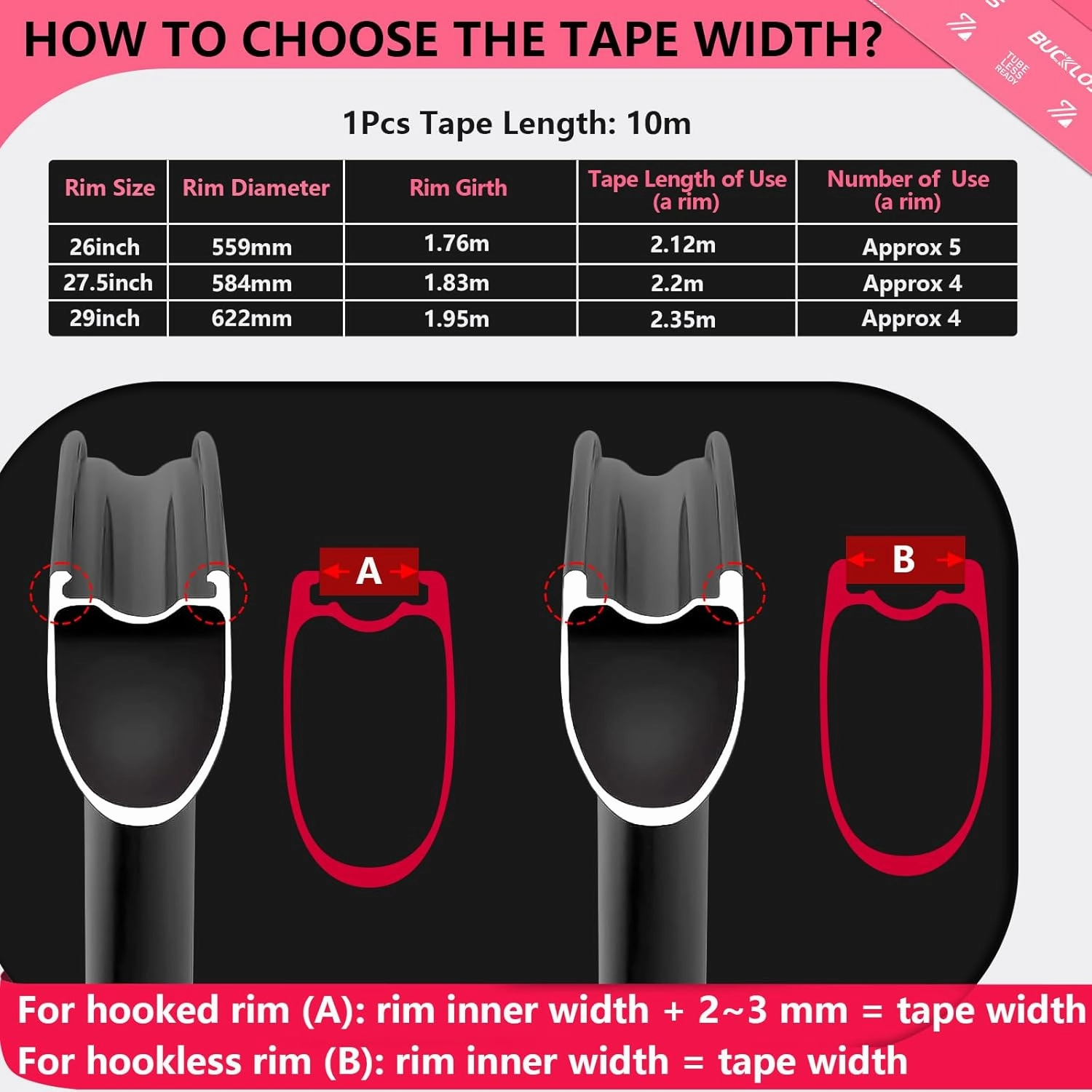 BUCKLOS Tubeless Rim Tape 17/19/21/23/25/28/30/32/35mm Width x 10m Length, Bike Wheel Rim Tape Suitable for Tubeless MTB/Road/Gravel Bikes Wheel Carbon Tubeless Kit -30mm