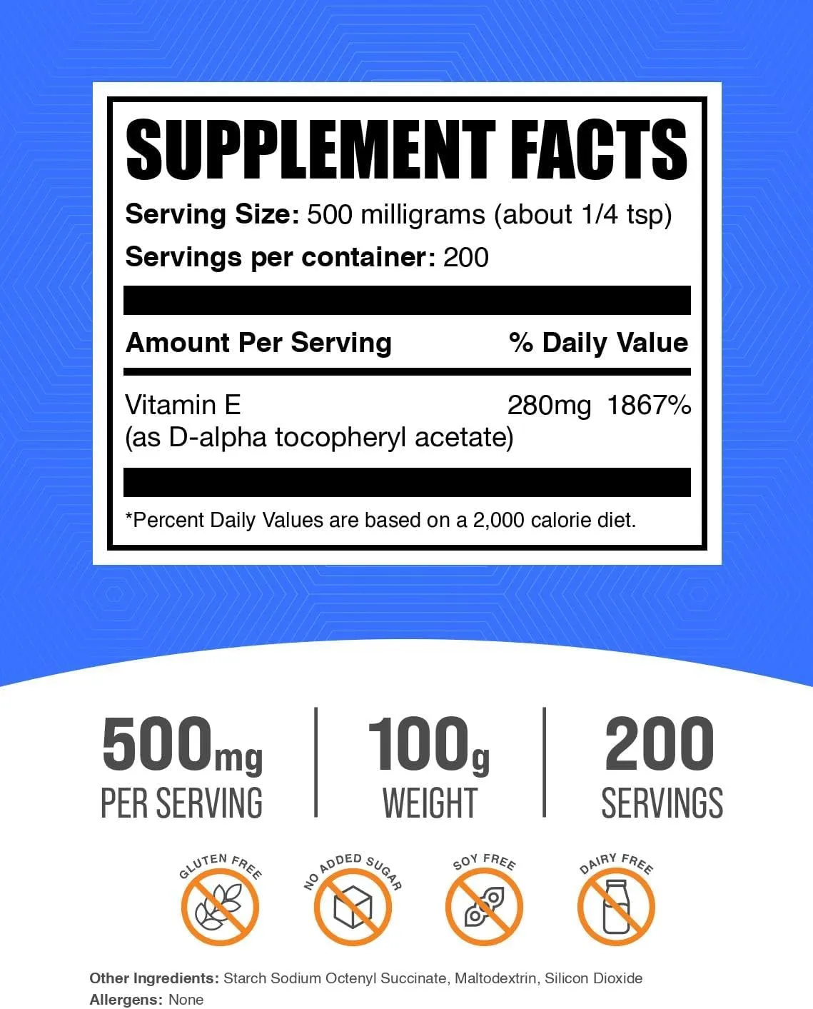 BulkSupplements.com Vitamin E 400 IU Powder - as D-Alpha Tocopherol, Nutritional Supplements - Gluten Free, 500mg per Serving, 100g (3.5 oz) (Pack of 1)