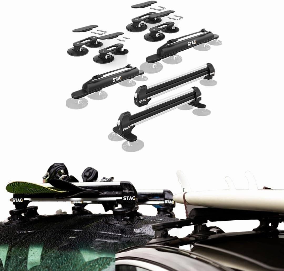 Bundle 3 Pack - No-Drill Universal Roof Rack Cross Bars Black   Surfboard Rack   Ski Attachment for roof Rack with 8 Industrial Vacuum Cups, Holds 1-3 Surfboards or up to 4 Pairs of Skis