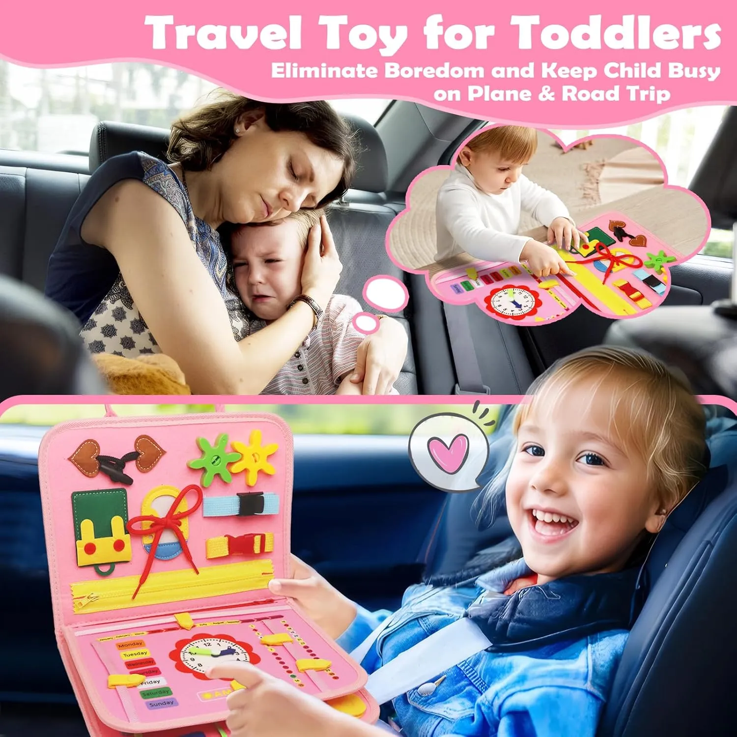 Busy Board Montessori Toys for 1 2 3 4 Year Old, Busy Book for Toddlers 1-3 Boys Girls Birthday Gifts, Sensory Educational Activities Travel Toys for Learning Fine Motor Skills, Pink-3 Pages