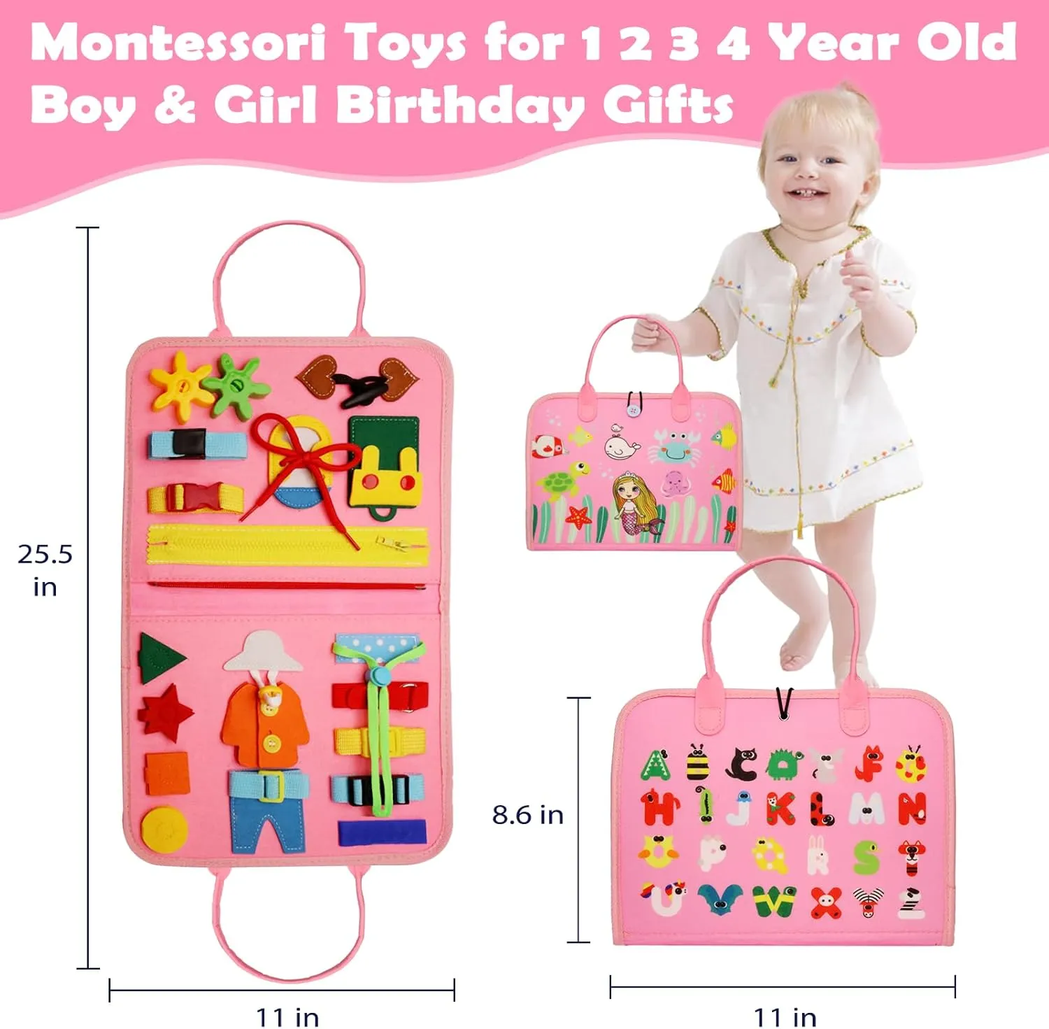 Busy Board Montessori Toys for 1 2 3 4 Year Old, Busy Book for Toddlers 1-3 Boys Girls Birthday Gifts, Sensory Educational Activities Travel Toys for Learning Fine Motor Skills, Pink-3 Pages