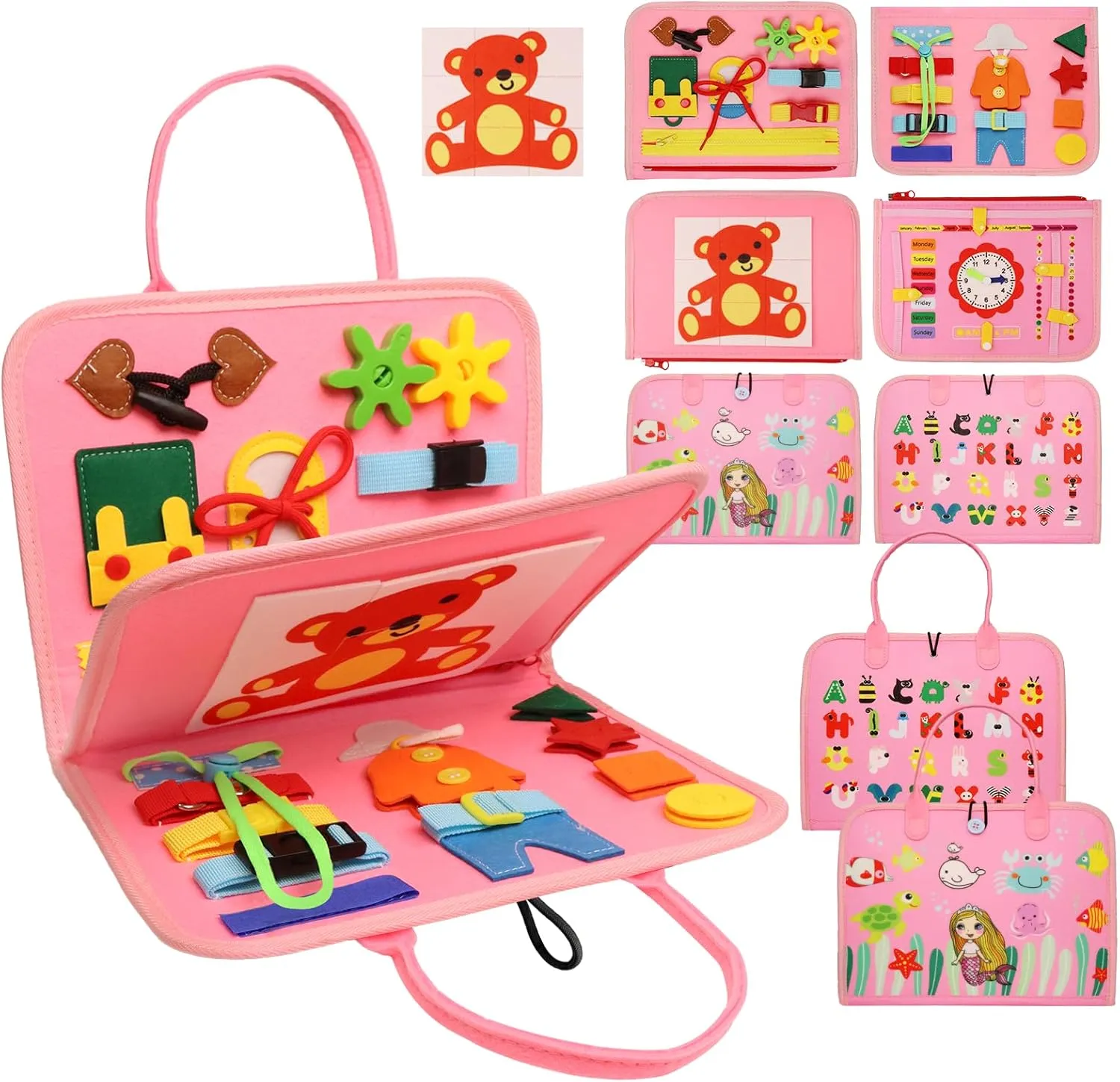 Busy Board Montessori Toys for 1 2 3 4 Year Old, Busy Book for Toddlers 1-3 Boys Girls Birthday Gifts, Sensory Educational Activities Travel Toys for Learning Fine Motor Skills, Pink-3 Pages