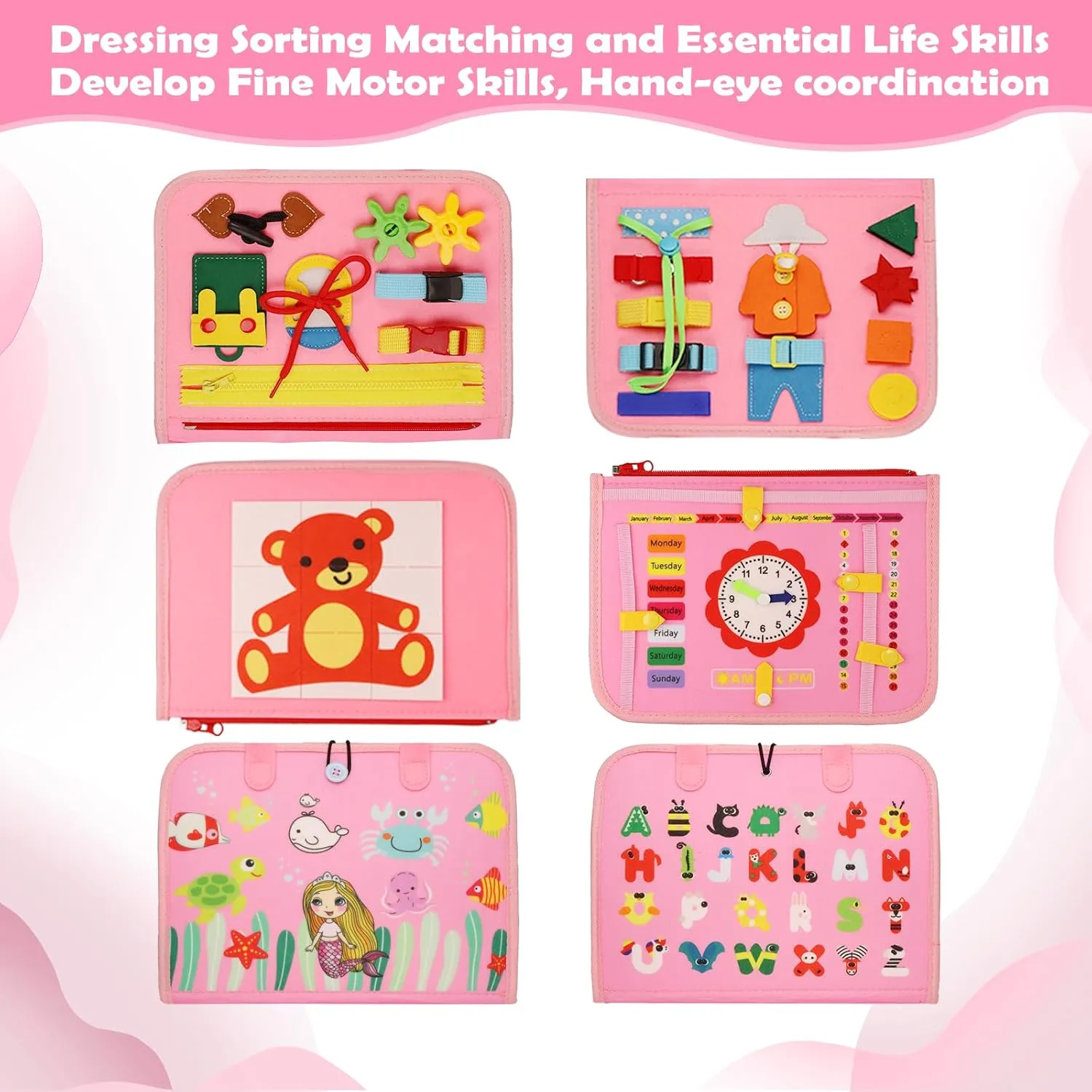 Busy Board Montessori Toys for 1 2 3 4 Year Old, Busy Book for Toddlers 1-3 Boys Girls Birthday Gifts, Sensory Educational Activities Travel Toys for Learning Fine Motor Skills, Pink-3 Pages