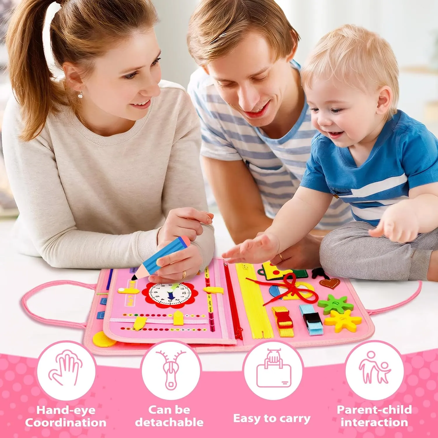Busy Board Montessori Toys for 1 2 3 4 Year Old, Busy Book for Toddlers 1-3 Boys Girls Birthday Gifts, Sensory Educational Activities Travel Toys for Learning Fine Motor Skills, Pink-3 Pages