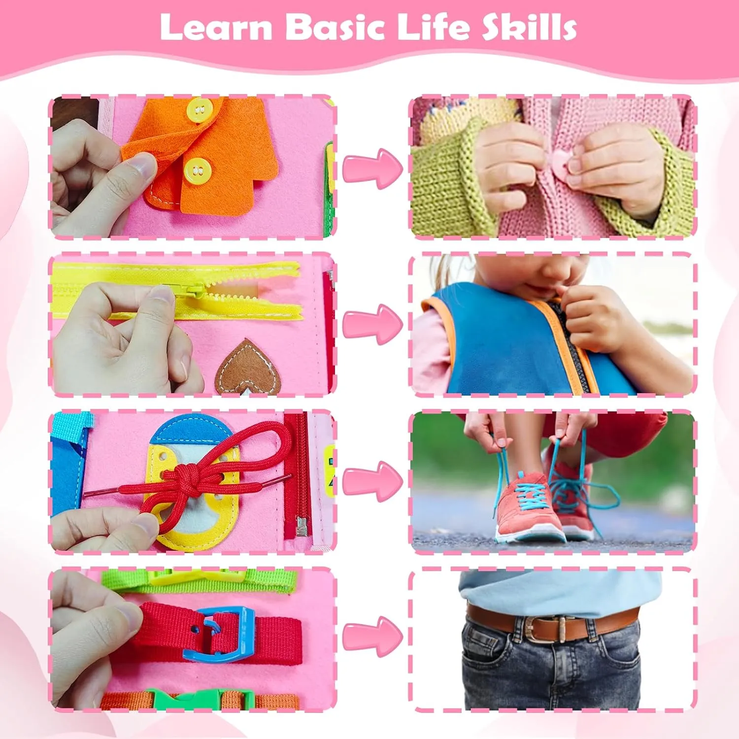 Busy Board Montessori Toys for 1 2 3 4 Year Old, Busy Book for Toddlers 1-3 Boys Girls Birthday Gifts, Sensory Educational Activities Travel Toys for Learning Fine Motor Skills, Pink-3 Pages
