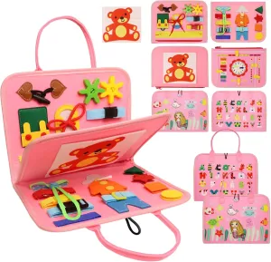 Busy Board Montessori Toys for 1 2 3 4 Year Old, Busy Book for Toddlers 1-3 Boys Girls Birthday Gifts, Sensory Educational Activities Travel Toys for Learning Fine Motor Skills, Pink-3 Pages