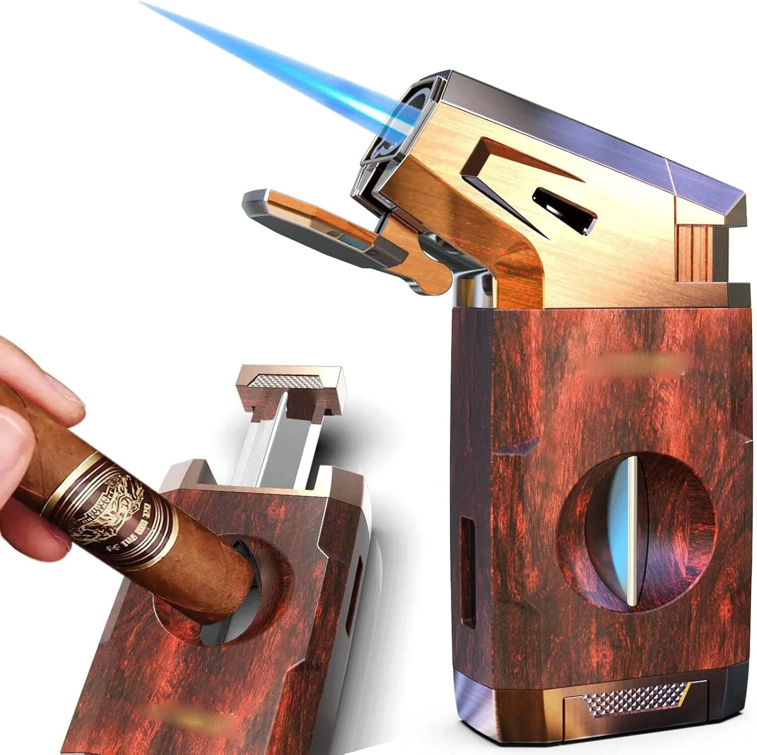 Butane Torch Lighter with Fuel Window, Butane Torch Lighter with V-Cutter, Windproof Jet Flame Lighter Torch Refill, Adjustable Refillable Butane Lighter Gift for Men,