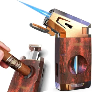 Butane Torch Lighter with Fuel Window, Butane Torch Lighter with V-Cutter, Windproof Jet Flame Lighter Torch Refill, Adjustable Refillable Butane Lighter Gift for Men,