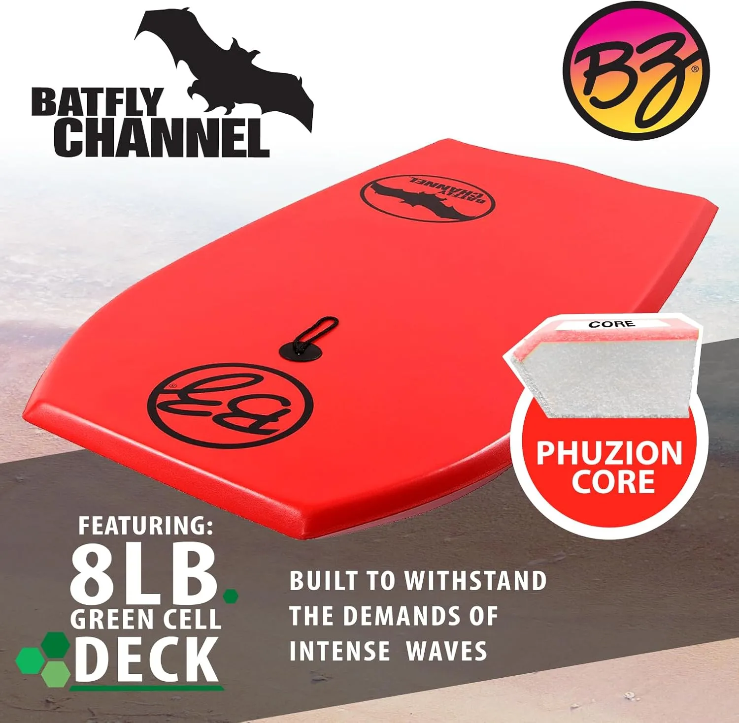 BZ Batfly Channel 41.5" Body Board w/Coiled Leash (Choose Blue, Yellow or Red)