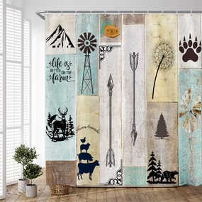 Cabin Shower Curtain Retro Rustic Lodge Moose Farm Animals Pine Tree Dandelions Mountain Windmill Farmhouse Country Hunting Style Home Bathroom Polyester Cloth Curtains with Hooks 90Wx70H inch