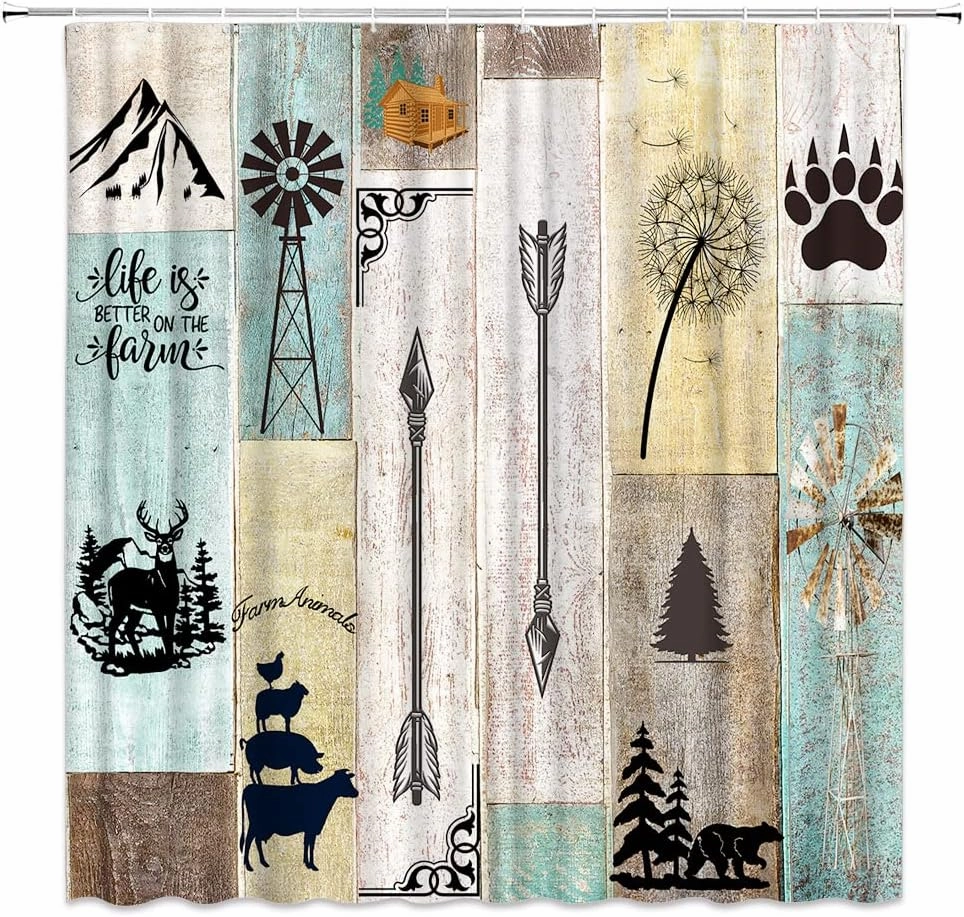 Cabin Shower Curtain Retro Rustic Lodge Moose Farm Animals Pine Tree Dandelions Mountain Windmill Farmhouse Country Hunting Style Home Bathroom Polyester Cloth Curtains with Hooks 90Wx70H inch