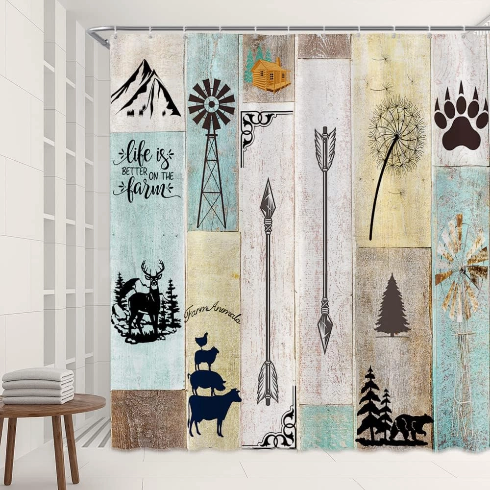 Cabin Shower Curtain Retro Rustic Lodge Moose Farm Animals Pine Tree Dandelions Mountain Windmill Farmhouse Country Hunting Style Home Bathroom Polyester Cloth Curtains with Hooks 90Wx70H inch