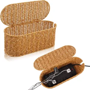 Cable Management Box, Handmade Rattan Cable Organizer, 2 Open Slots Cords Hider Box, Under Desk Cord Organizer for Computer Router USB Hub & Power Strip, Patent Pending, 15.9" x 6.5" x 6.5", Natural