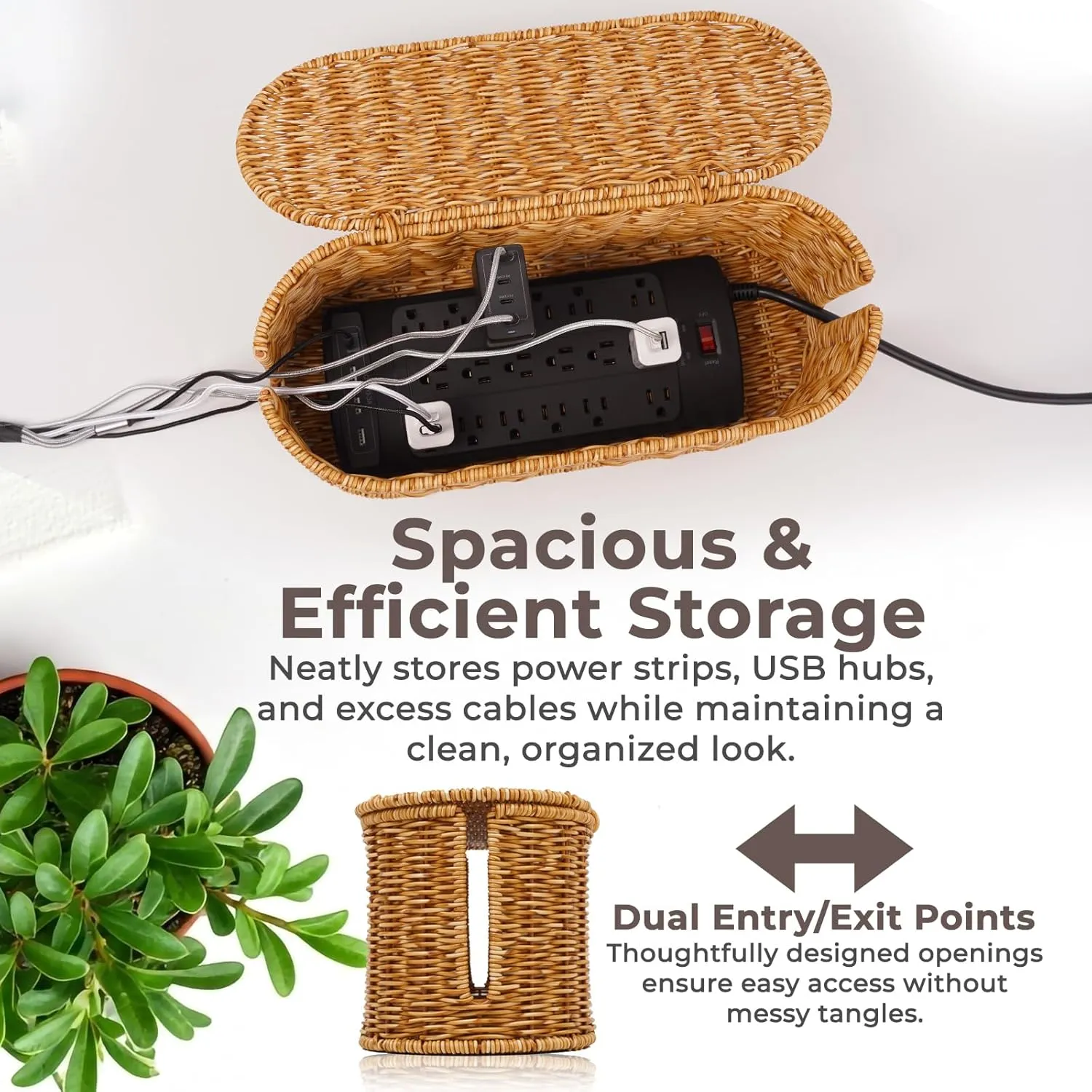 Cable Management Box, Handmade Rattan Cable Organizer, 2 Open Slots Cords Hider Box, Under Desk Cord Organizer for Computer Router USB Hub & Power Strip, Patent Pending, 15.9" x 6.5" x 6.5", Natural