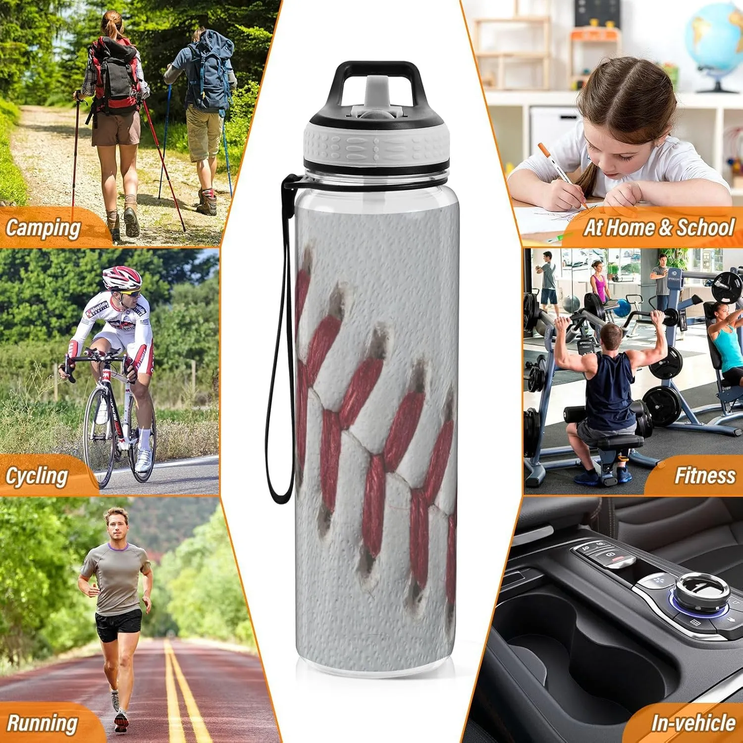 Caikeny Stitches Ball Water Bottle with Straw Sports Bottles BPA-Free Tritan Water Jug with Carrying Strap for Women Men Gym Outdoor Sports