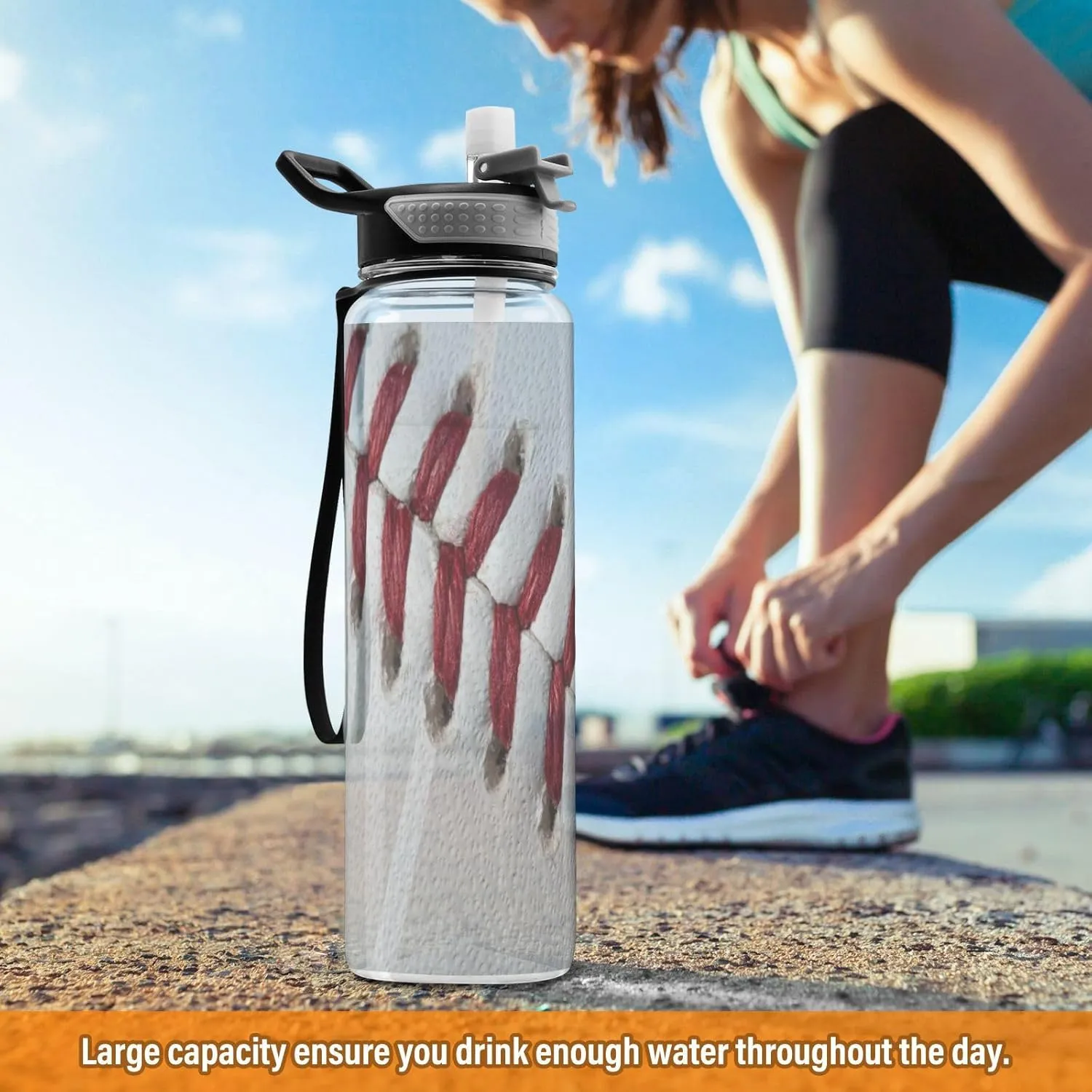 Caikeny Stitches Ball Water Bottle with Straw Sports Bottles BPA-Free Tritan Water Jug with Carrying Strap for Women Men Gym Outdoor Sports