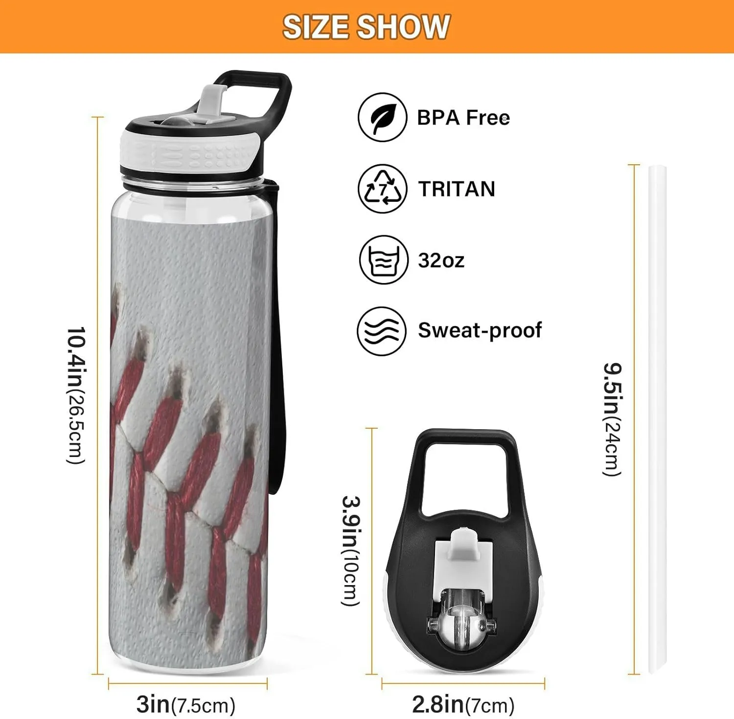 Caikeny Stitches Ball Water Bottle with Straw Sports Bottles BPA-Free Tritan Water Jug with Carrying Strap for Women Men Gym Outdoor Sports
