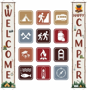 Camping Party Decorations Set Welcome Happy Camper Porch Banner Sign Summer Camp Sign Cutouts Birthday Party Favors Camping Theme Birthday Decorations Hanging Supplies for Campfire Decor