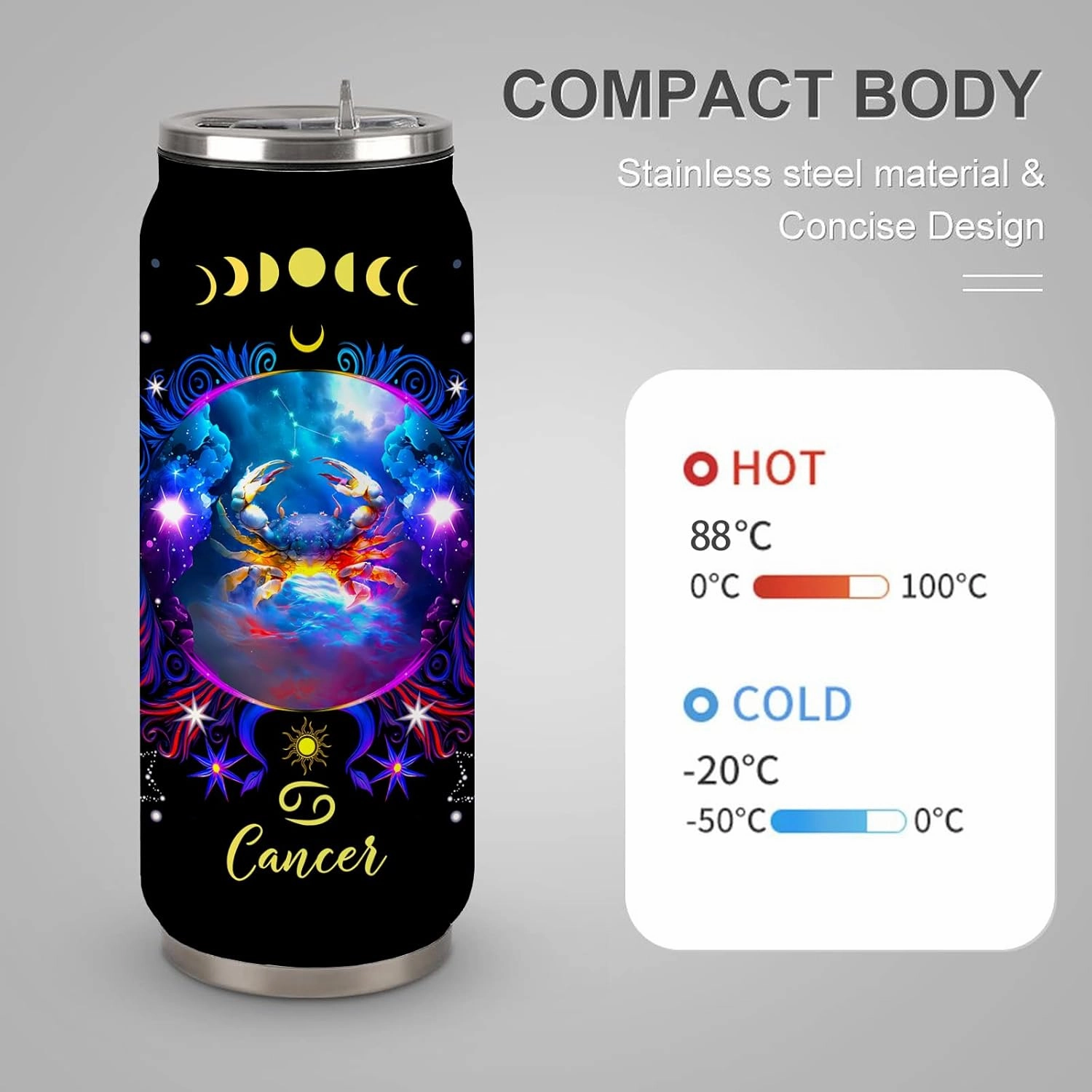 Cancer Constellation Tumbler - Zodiac Stainless Steel Cup for Men Women Astrology Fans - Birthday Gifts With Straw Lid - 17 Oz Coffee Mug Car Cup